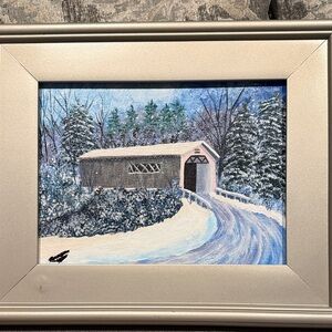 Winter Bridge Scene in Elegant Silver Frame